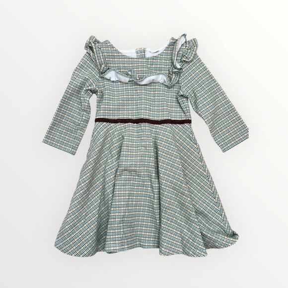 Janie And Jack Dress Girls Size 6 Green Aline Long Sleeve Plaid Ruffle Classic - Picture 1 of 12